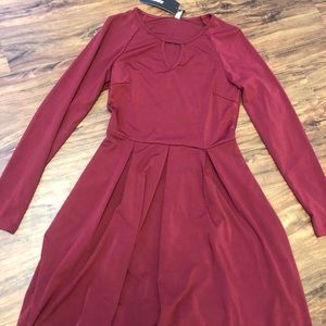 Key Hole Fit and Flare Long Sleeve Burgundy Dress